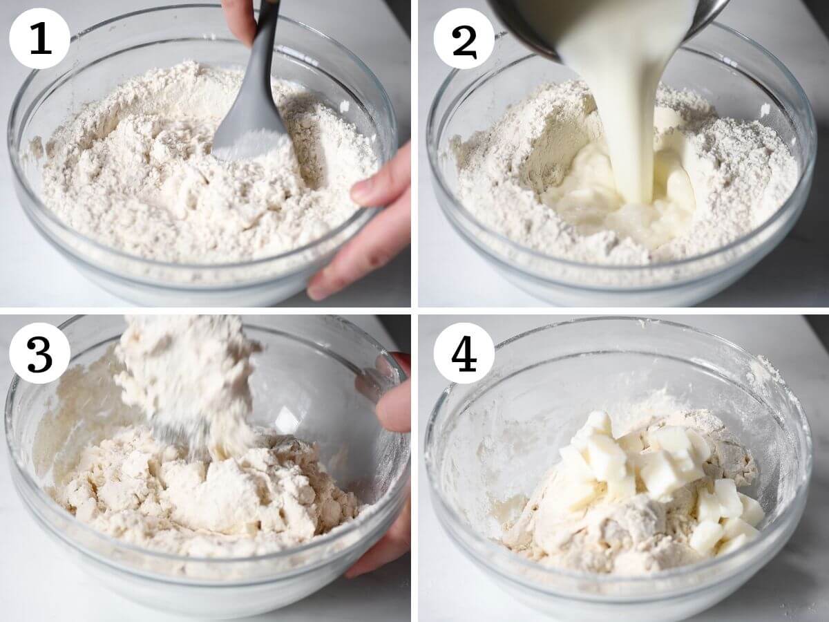 Four photos in a collage showing how to make Gnocco Fritto dough from scratch.