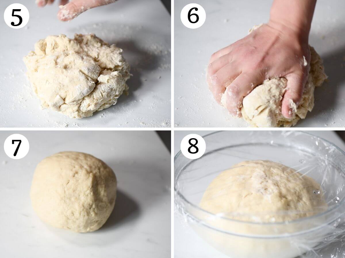 Four photos in a collage showing how to knead Gnocco Fritto dough and before and after proving.
