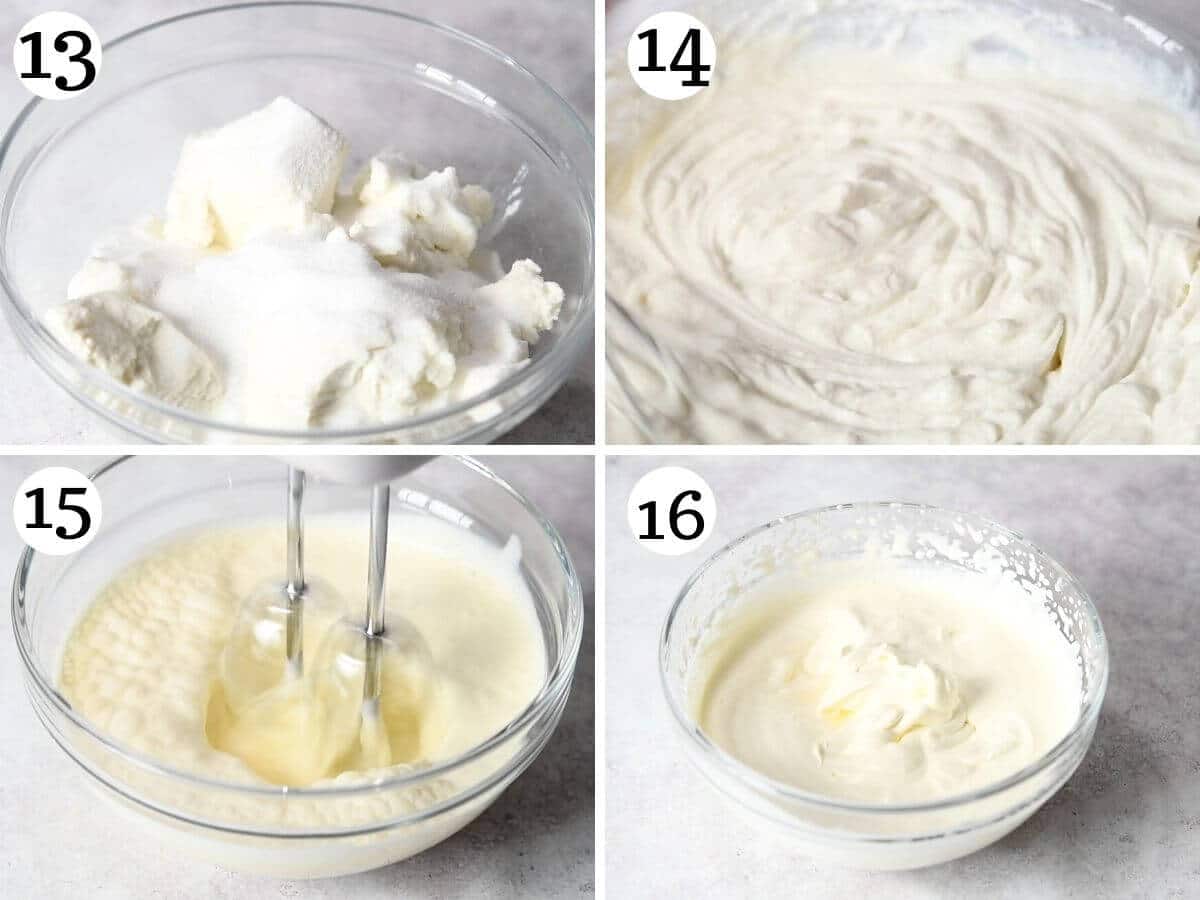 Four photos in a collage showing how to whisk sugar and ricotta together and whip cream to soft peaks.