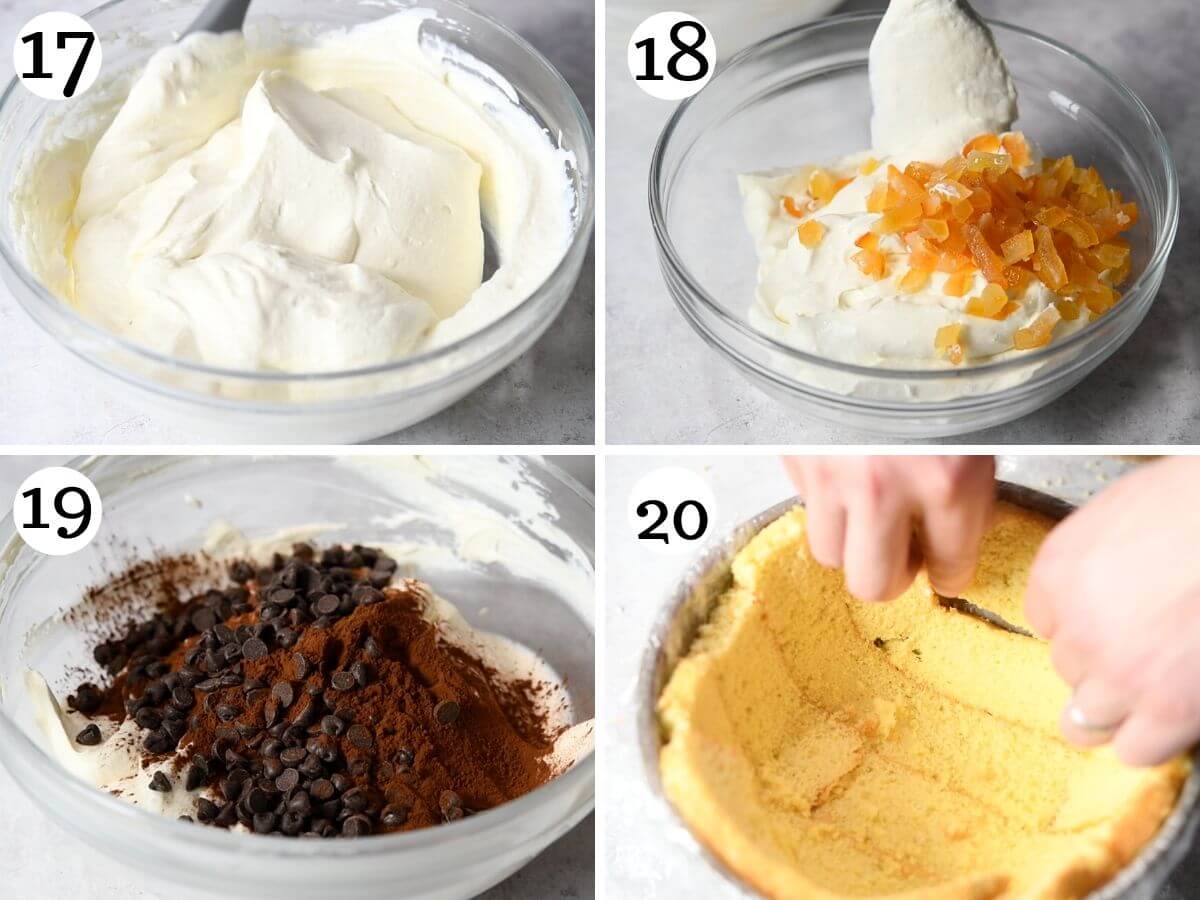 Four photos in a collage showing how to make two different ricotta creams (white and chocolate) for Zuccotto.
