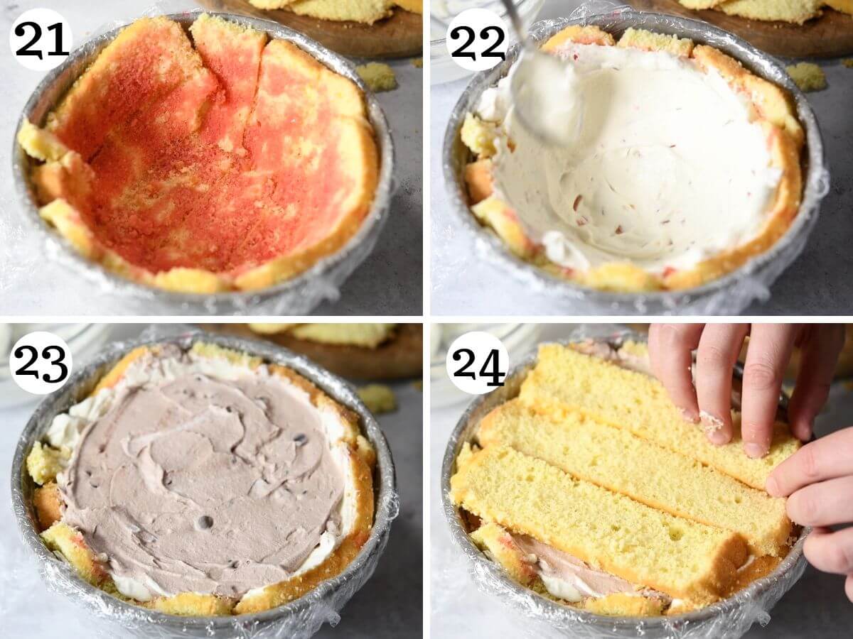 Four photos in a collage showing how to assemble an Italian Zuccotto dessert.