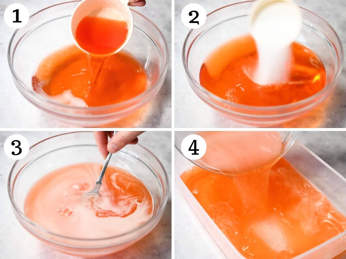 Four photos in a collage showing how to make Aperol spritz granita.