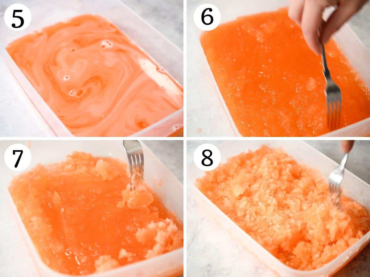 Four photos in a collage showing the stages of making granita.