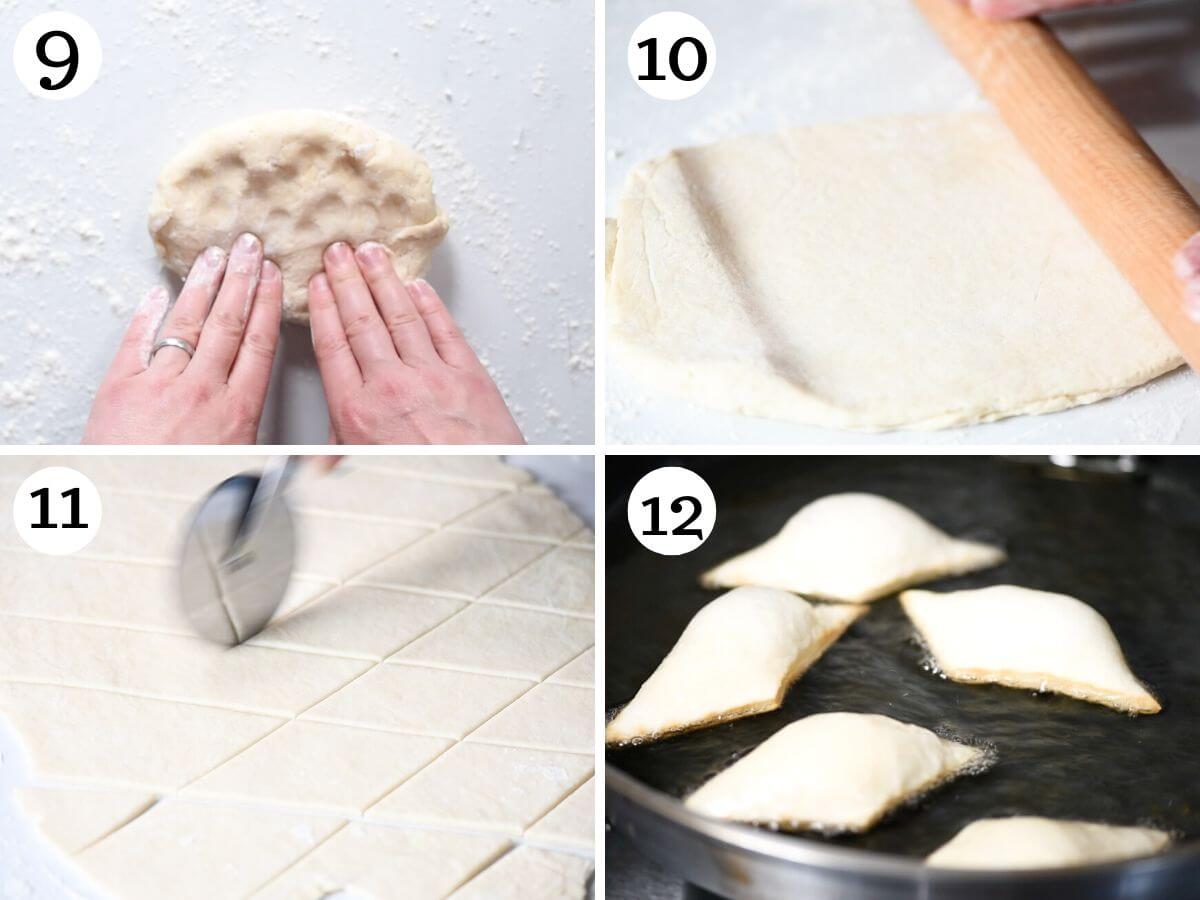 Four photos in a collage showing how to cut and fry Gnocco Fritto.