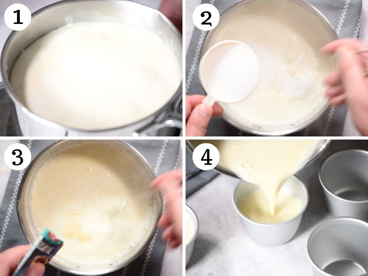 Four photos in a collage showing how to make a classic panna cotta.