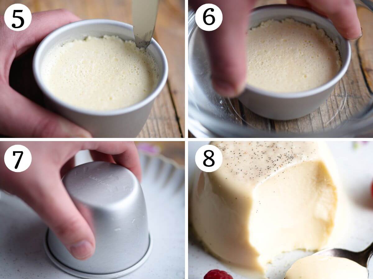 Four photos in a collage showing how to remove panna cotta from moulds.