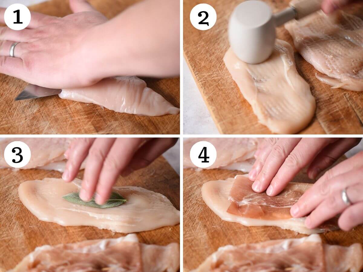 Four photos in a collage showing how to prepare chicken for saltimbocca.
