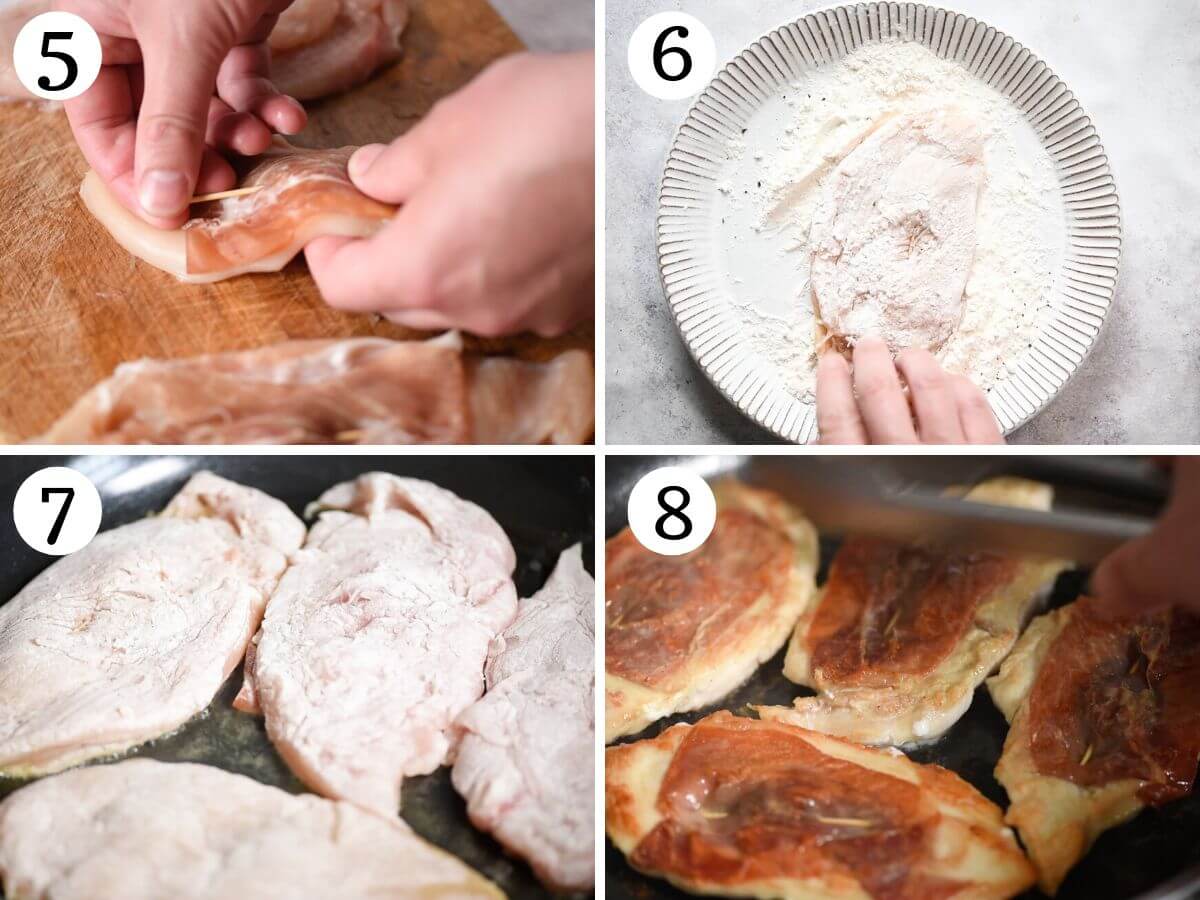Four photos in a collage showing how to dredge chicken in flour and fry them.