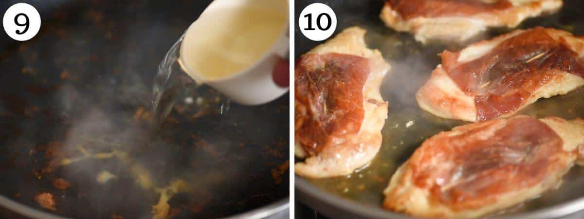 Two photos in a collage showing how to deglaze a pan with white wine and cook saltimbocca.