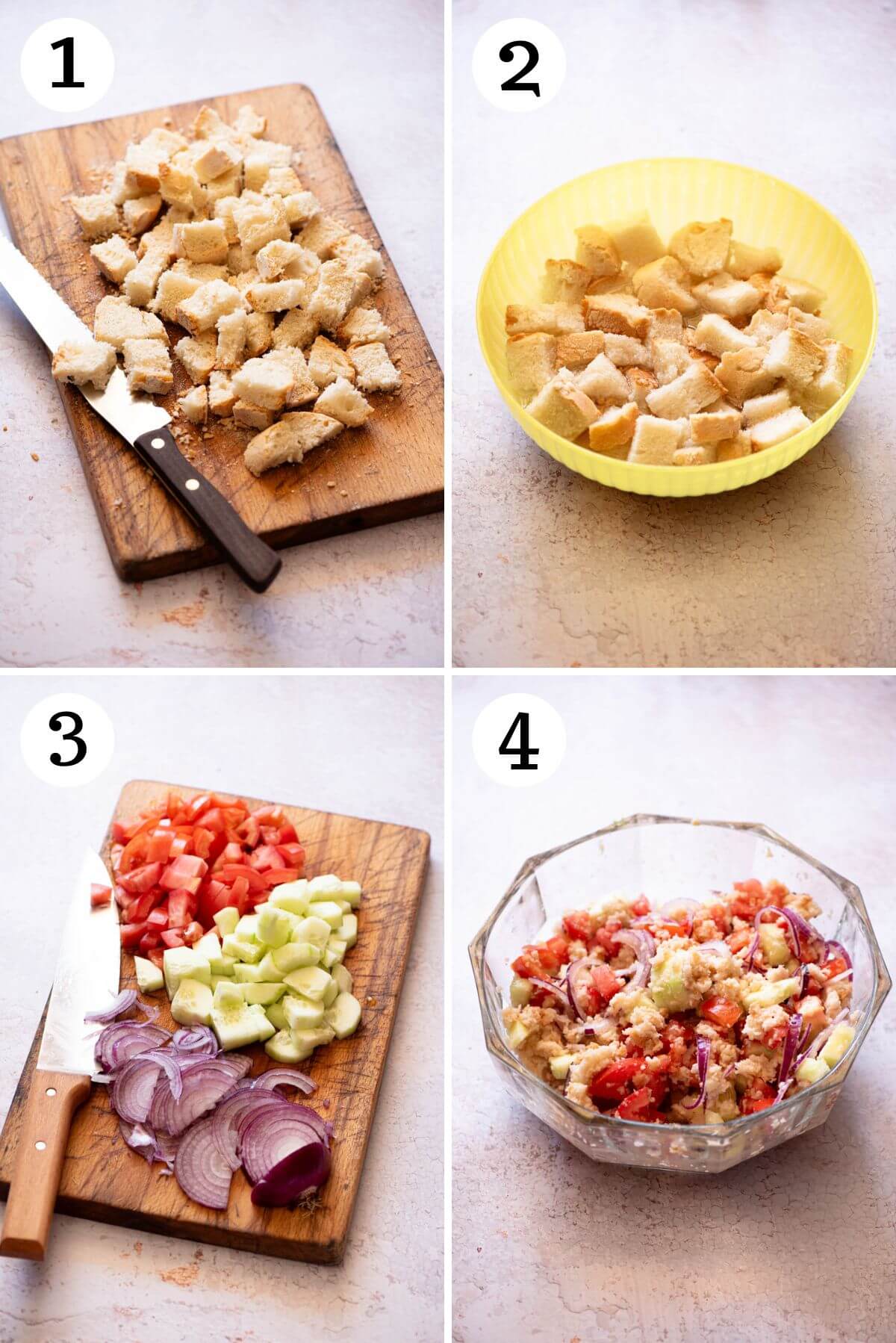 Four step by step photos showing how to make a Tuscan panzanella salad.