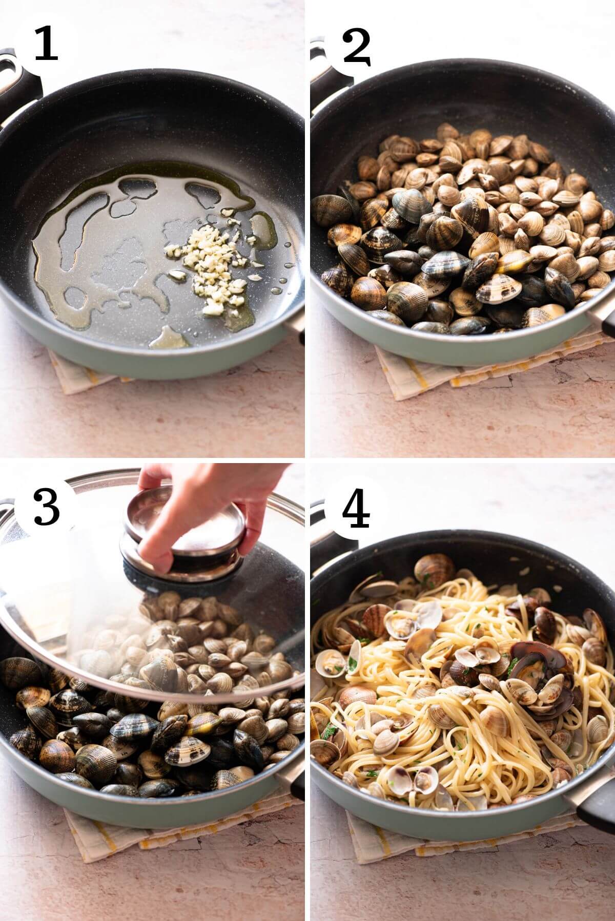 Four photos in a collage showing how to make Linguine pasta with clams.