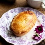 A cropped image of an Italian pastry (Pasticcioto) on a small pink plate with flowers at the side.