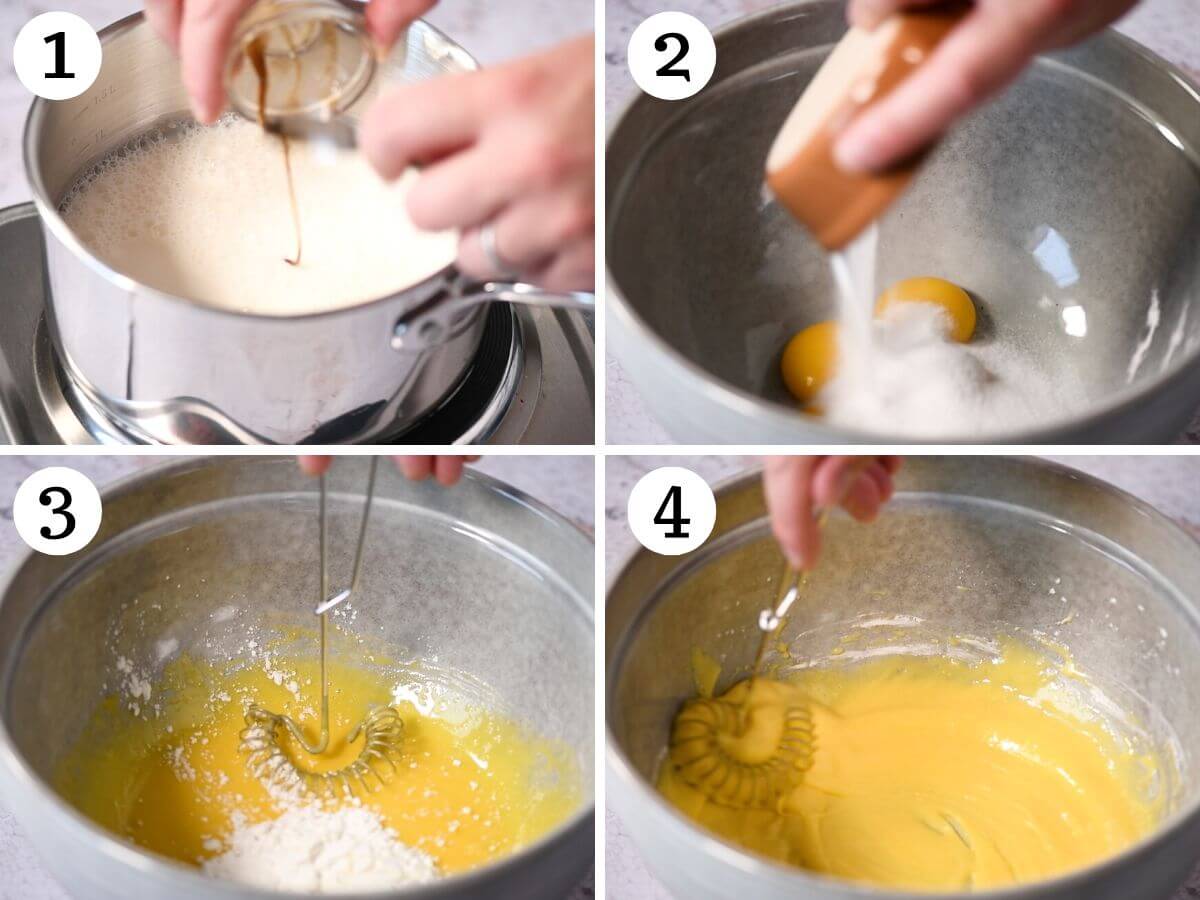 Four photos in a collage showing how to mix egg yolks with corn starch and sugar.