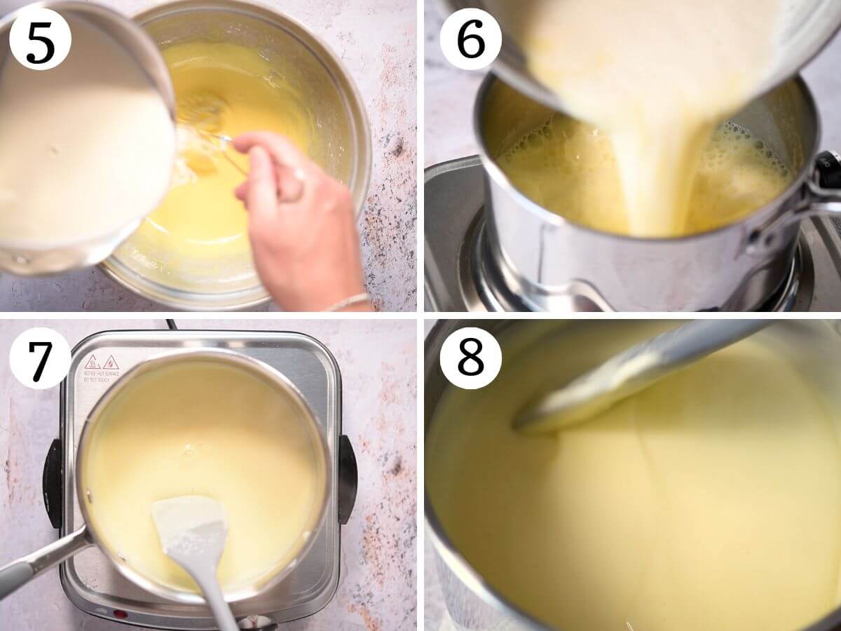 Four photos in a collage showing how to make and thicken pastry cream.
