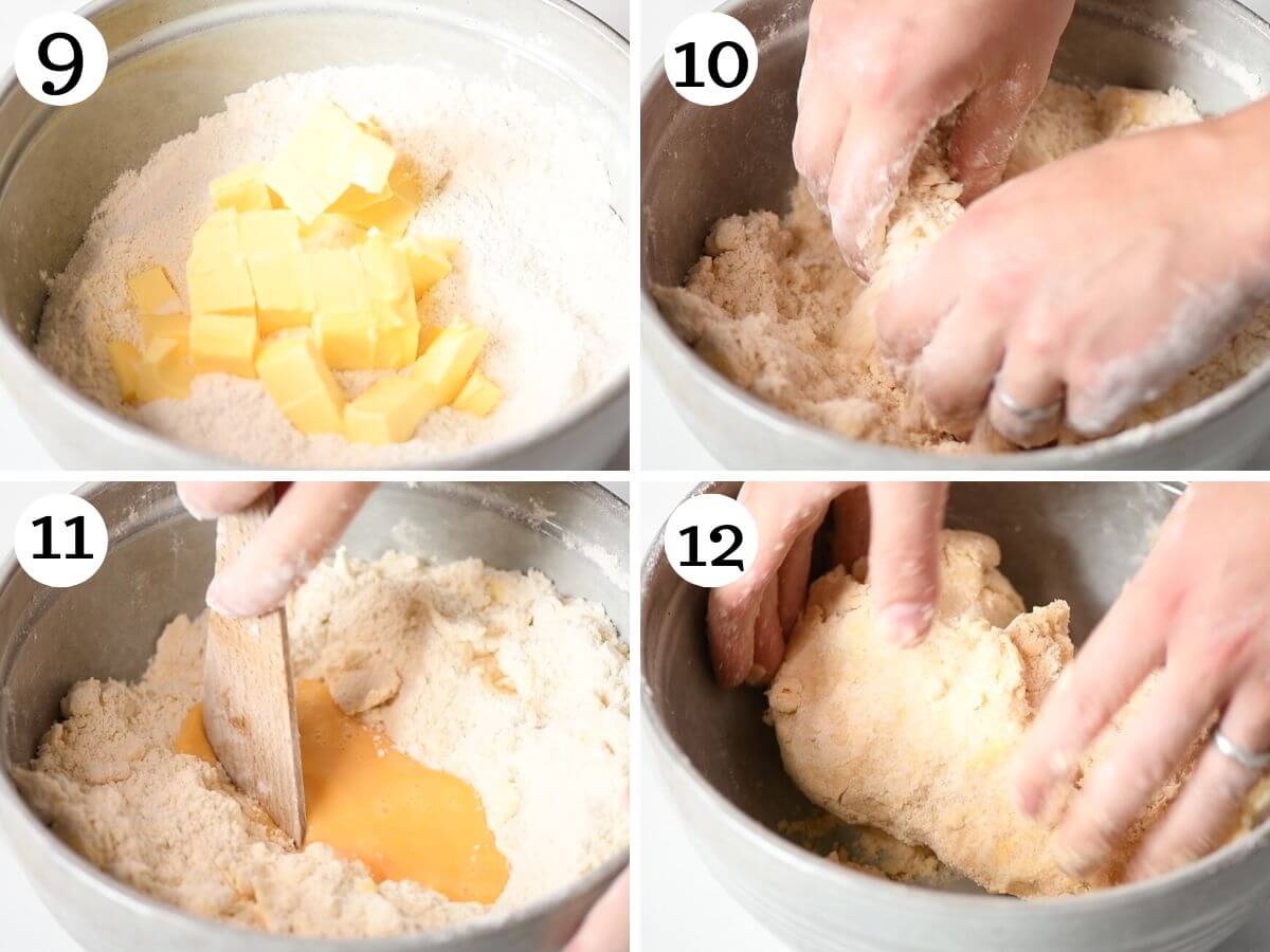 Four photos in a collage showing how to make sweet shortcrust pastry.