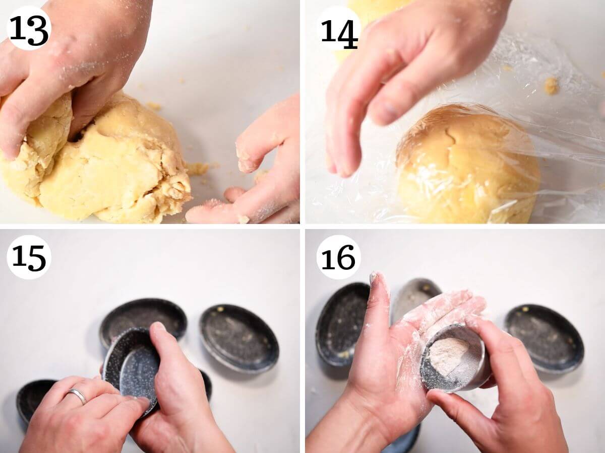 Four photos in a collage showing how to bring the pastry together and prepare Pasticciotti molds.
