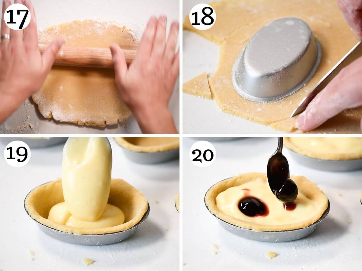 Four photos in a collage showing how to assemble Pasticciotti pastries with pastry and pastry cream.