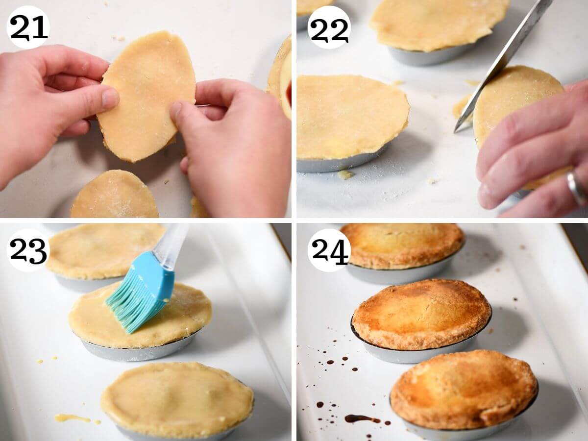 Four photos in a collage showing how to fill and bake Pasticciotti pastries.