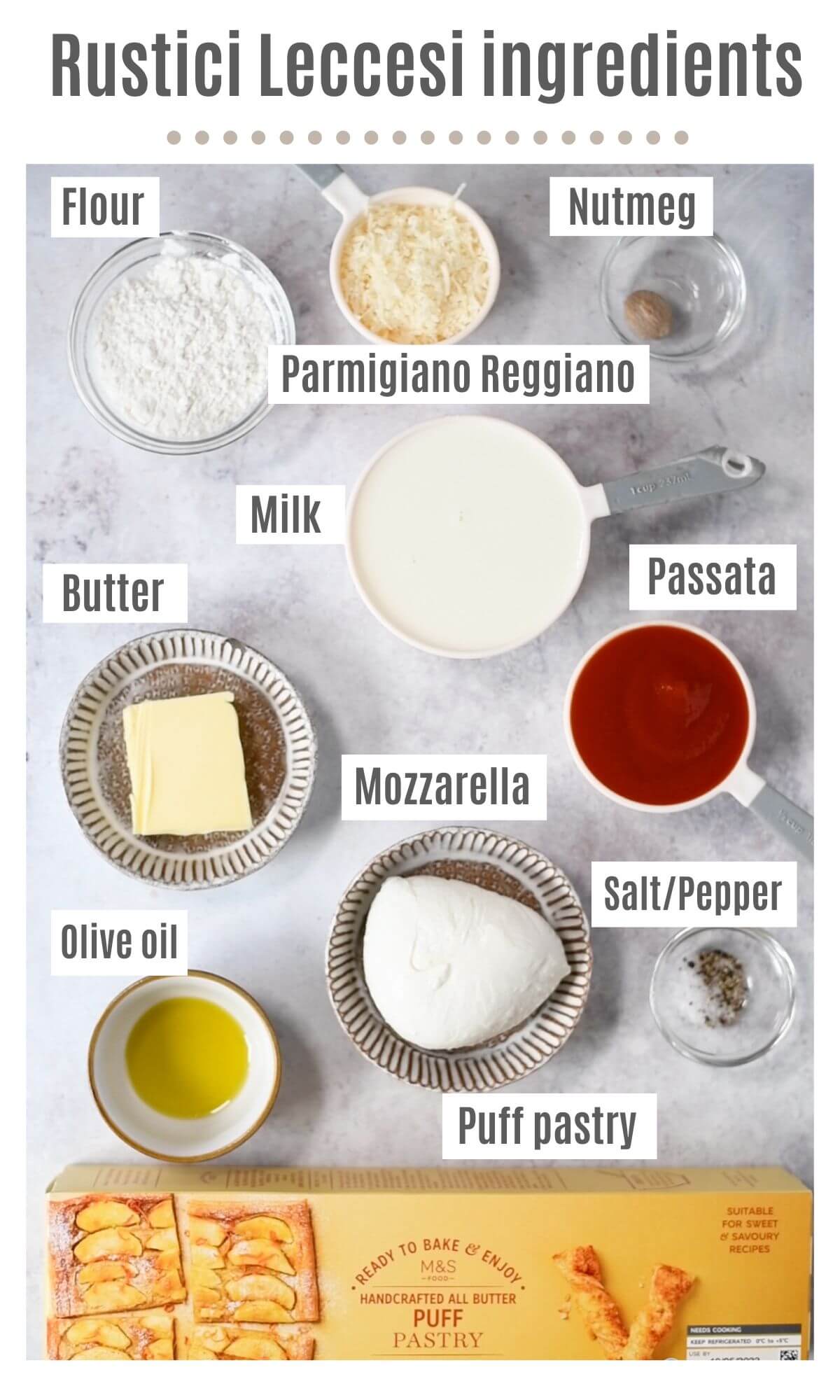 An overhead shot of all the ingredients needed to make Rustici Leccesi.