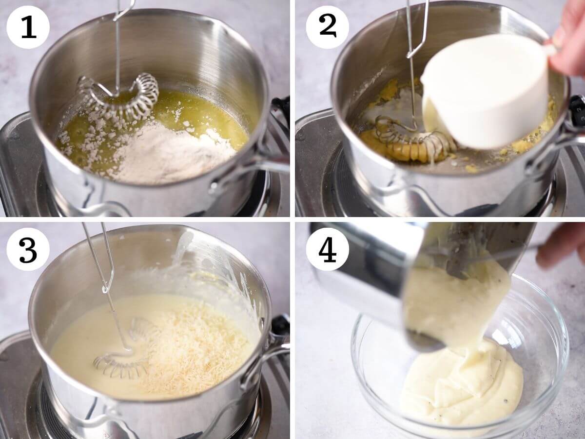 Four photos in a collage showing how to make white sauce.