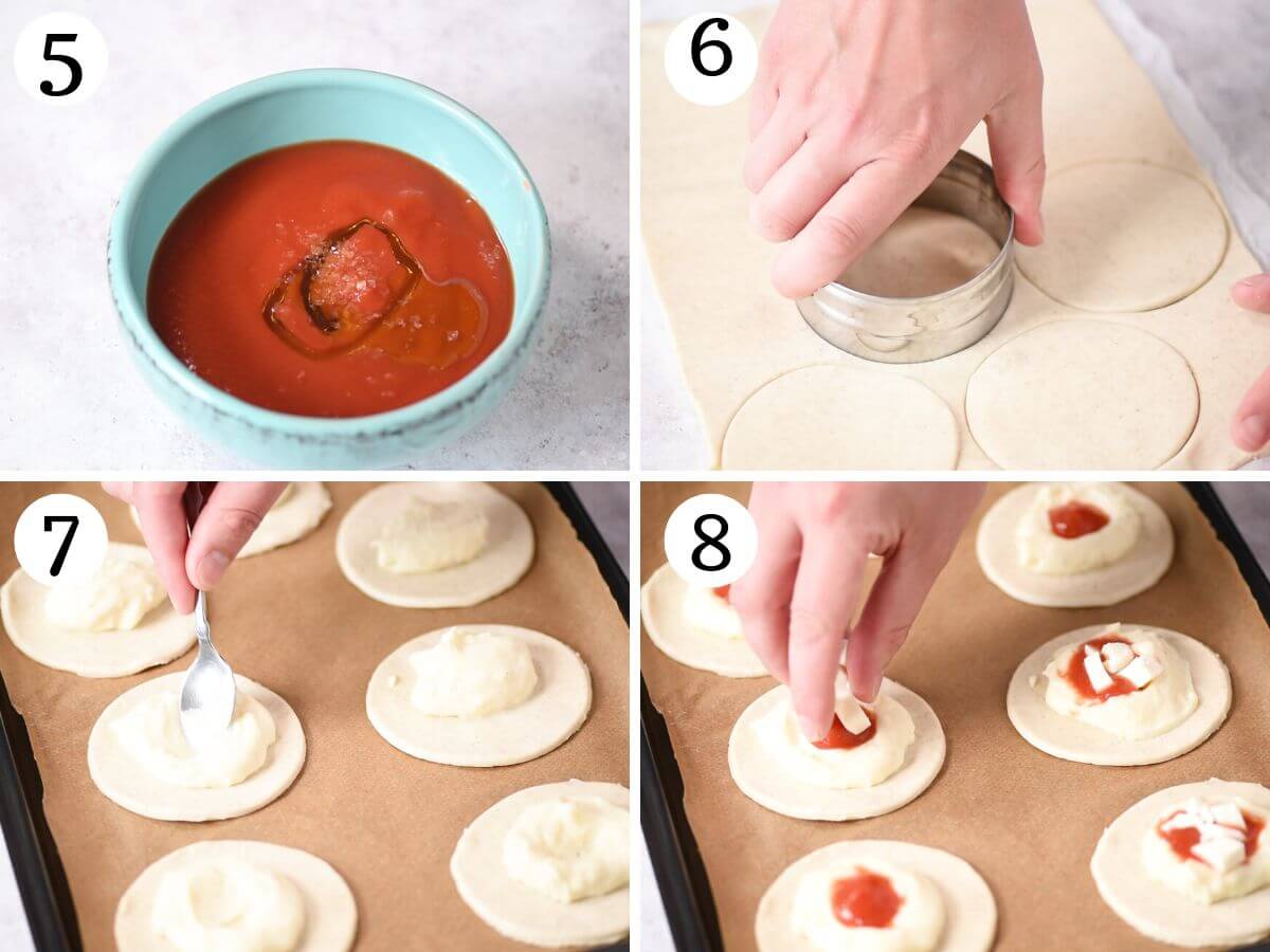Four photos in a collage showing how to fill Rustici Leccesi pies.