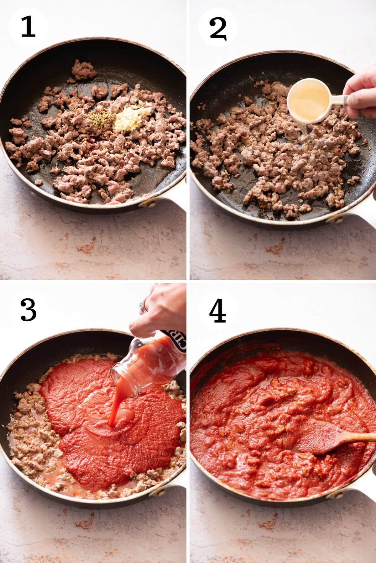 Four photos in a collage showing how to make Tuscan sausage pasta from scratch.