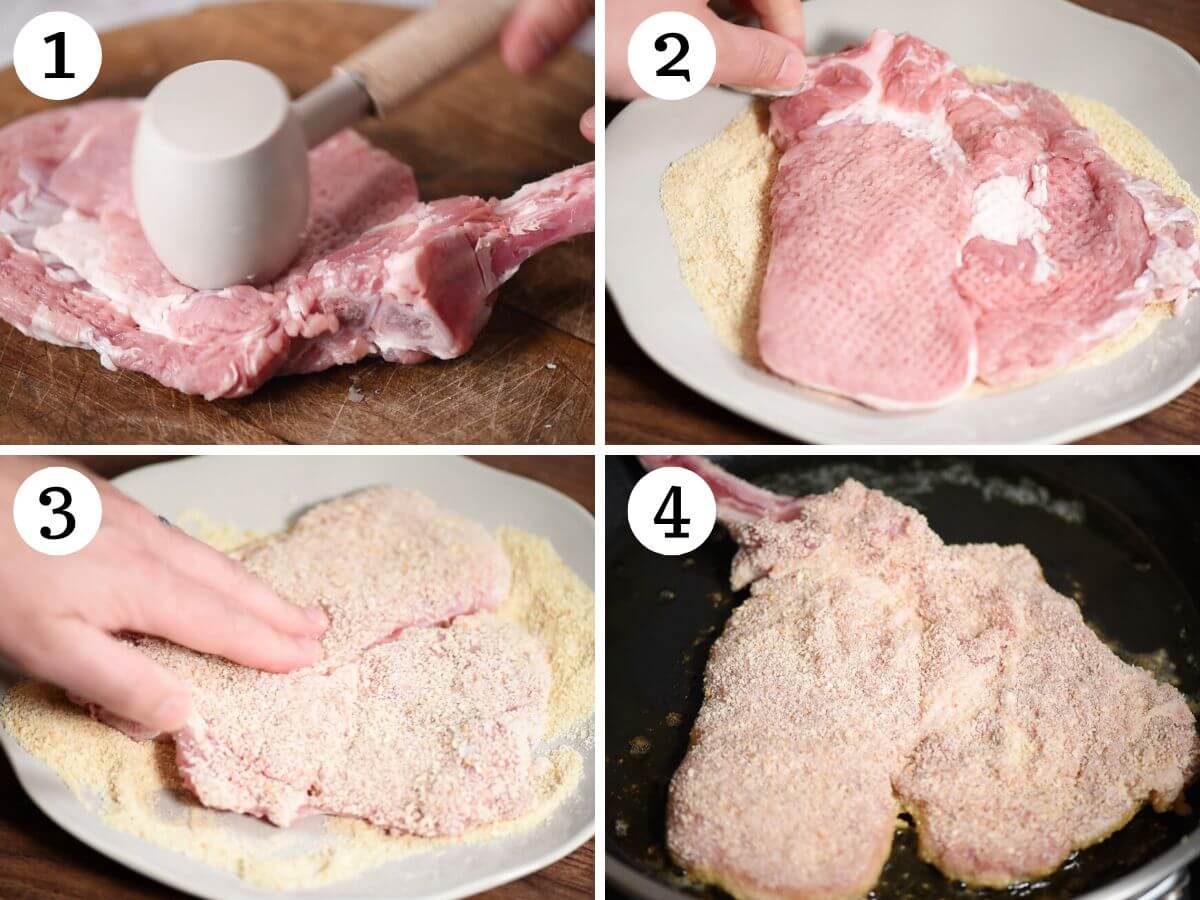 Four photos in a collage showing how to prepare Veal Milanese.