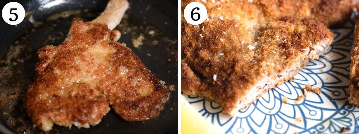 Two photos in a collage showing how to cook Veal Milanese.