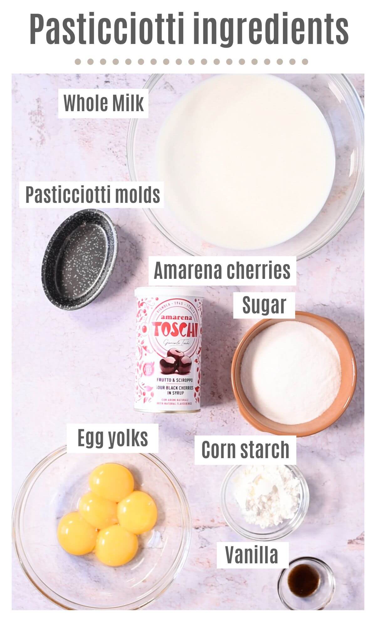 An overhead shot of all the ingredients need to make the filling for Pasticciotti.