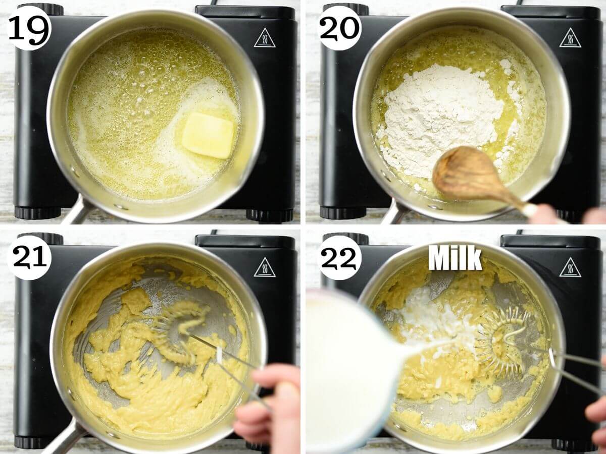 Four photos in a collage showing how to make bechamel sauce for lasagna.