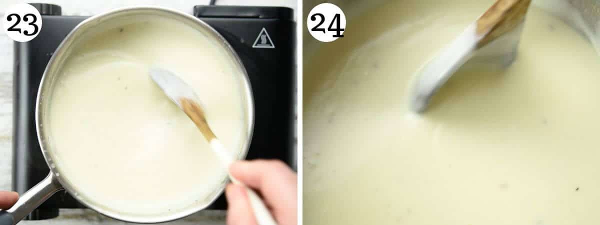 Two photos in a collage showing the consistency of bechamel sauce after cooking.