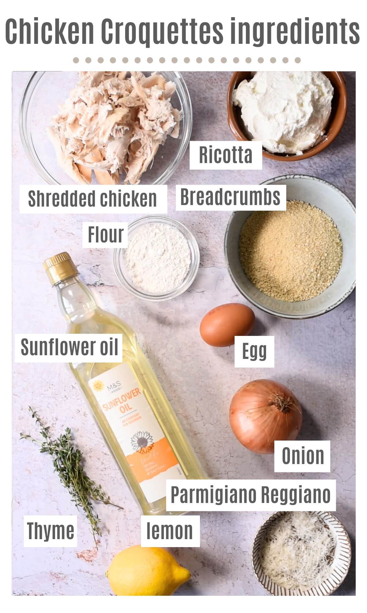 An overhead shot showing all the ingredients you need to make chicken croquettes.