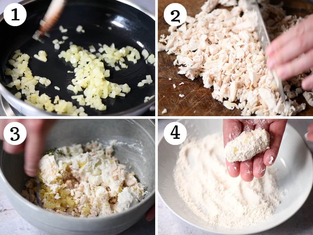 Four photos in a collage showing how to make chicken croquettes with ricotta cheese.