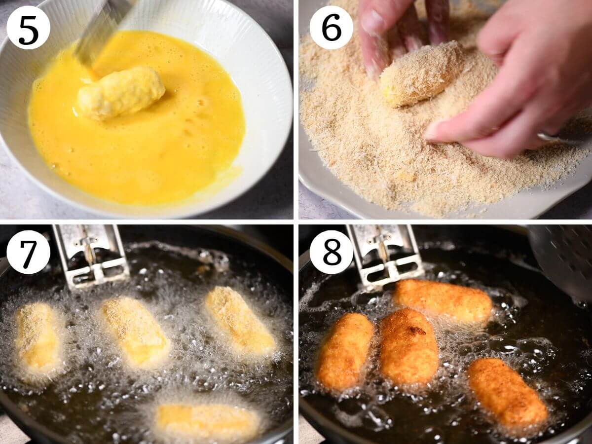 Four photos in a collage showing how to bread and fry chicken croquettes.