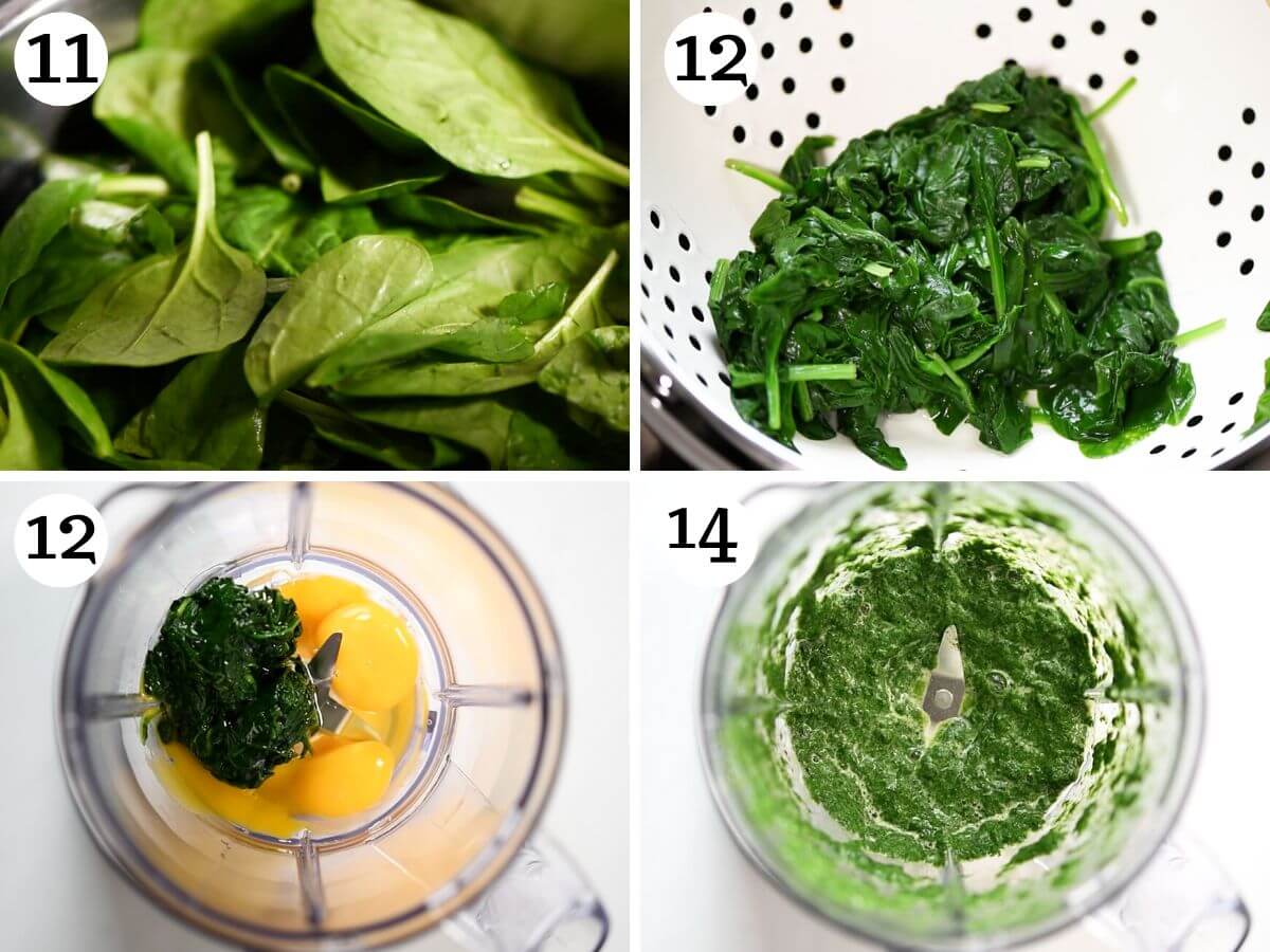 Four photos in a collage showing how to prepare spinach and eggs to make pasta.