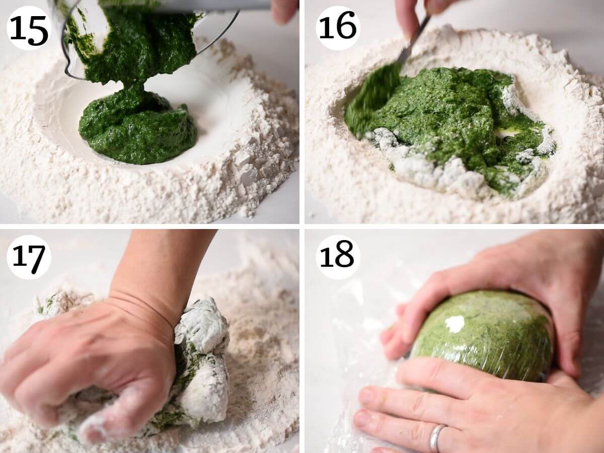 Four photos in a collage showing how to make spinach pasta dough with eggs.