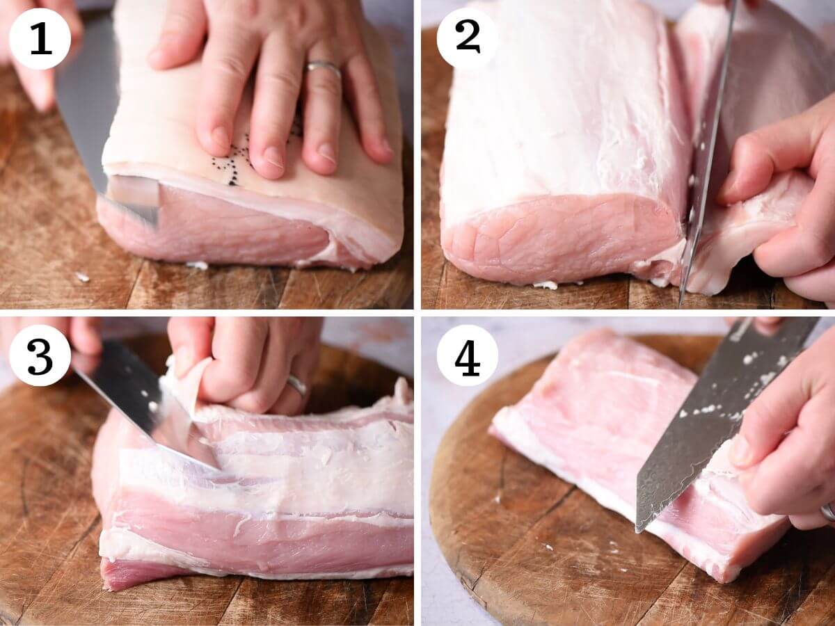 Four photos in a collage showing how to remove fat and sinew from a pork loin.