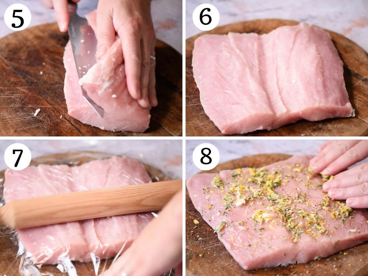 Four photos in a collage showing how to cut open and stuff a pork loin.
