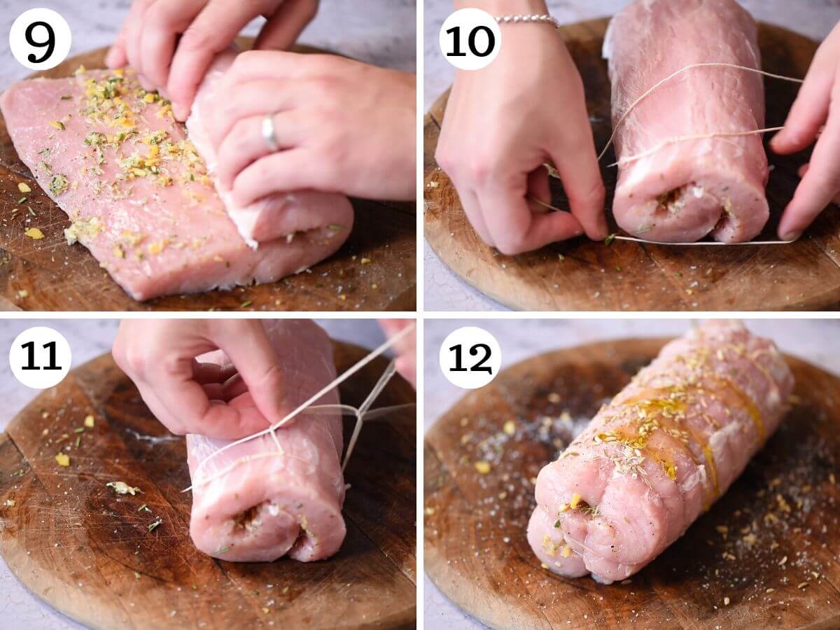Four photos in a collage showing how to roll, tie and secure a pork loin.
