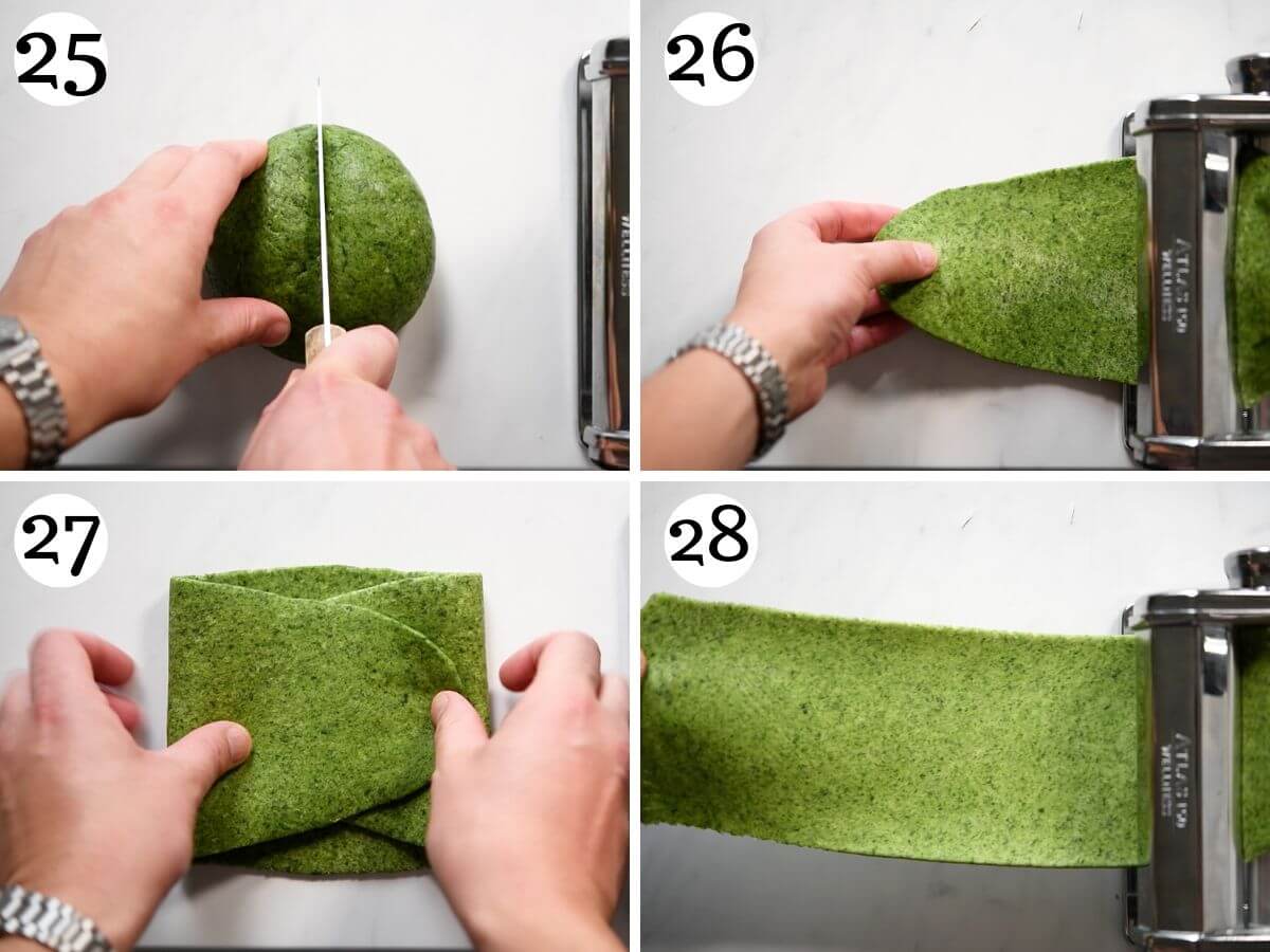 Four photos in a collage showing how to roll our spinach pasta to make Lasagna Bolognese.