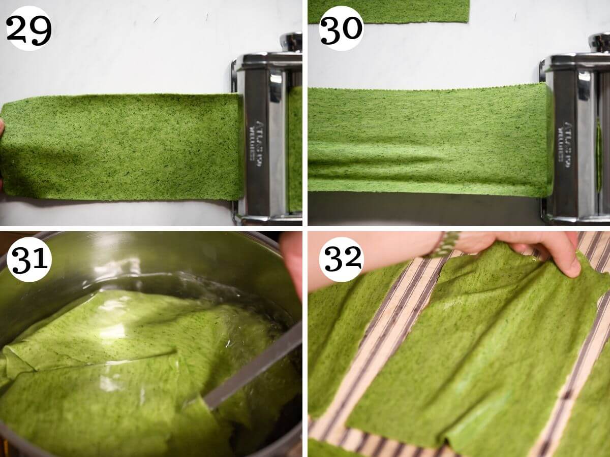 Four photos in a collage showing how to roll our and blanch spinach pasta to make Lasagna Bolognese.