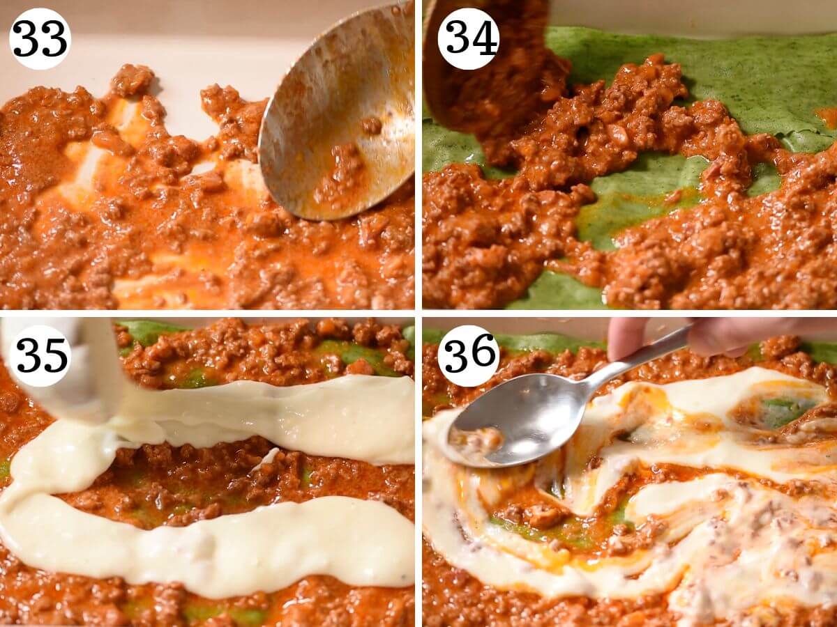 Four photos in a collage showing how to assemble Lasagna Bolognese.