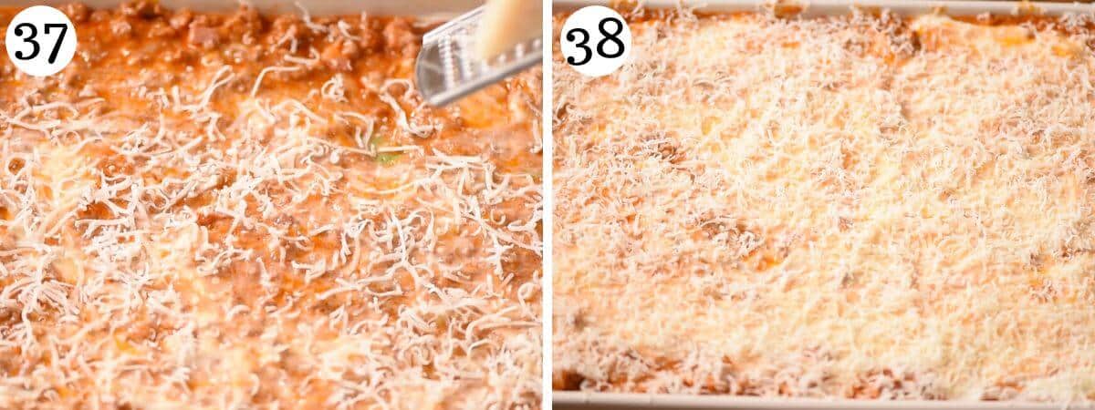 Two photos in a collage showing putting the final layer on lasagna Bolognese.