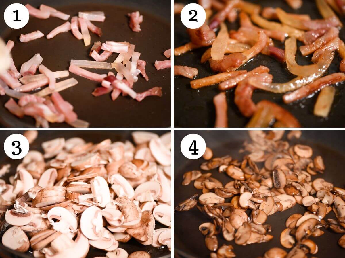 Four photos in a collage showing how to fry guanciale and mushrooms.
