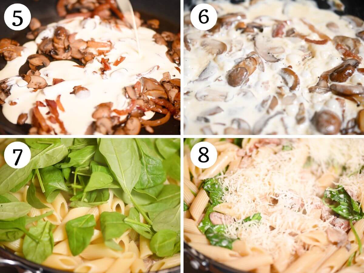 Four photos in a collage showing how to make a creamy mushroom spinach pasta.