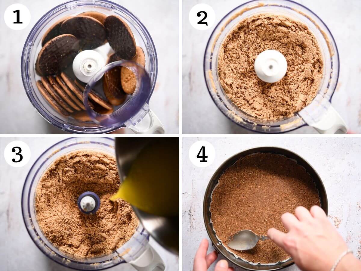 Four photos in a collage showing how to make a cheesecake base with cookie crumbs.