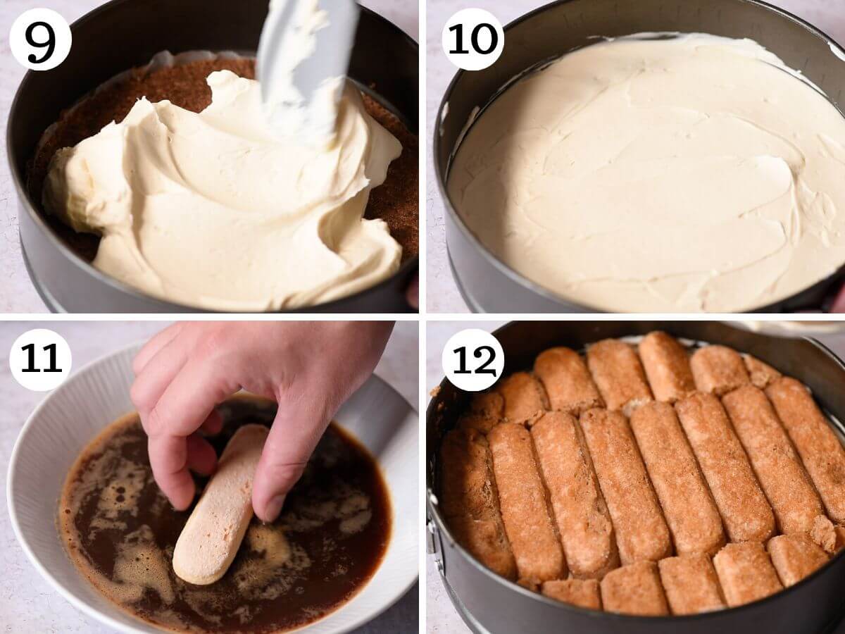 Four photos in a collage showing how to assemble the Tiramisu cheesecake.