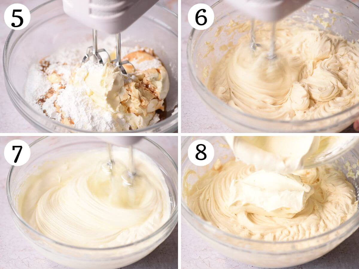Four photos in a collage showing how to make a tiramisu cheesecake filling.