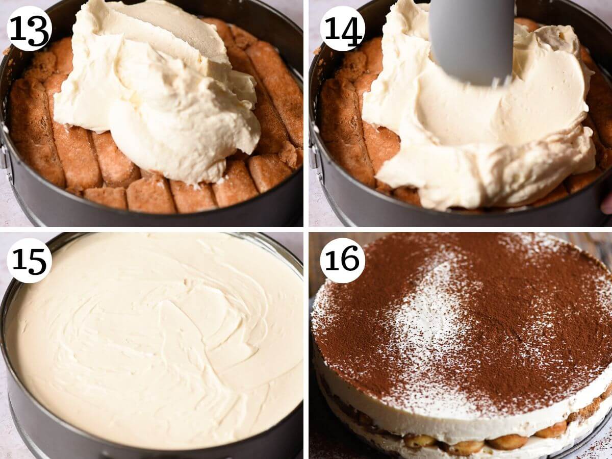 Four photos in a collage showing how to finish assembling a Tiramisu cheesecake