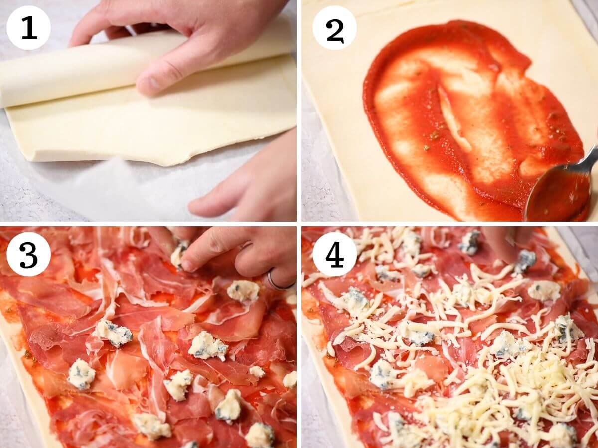 Four photos in a collage showing how to make Pizza Pinwheels with tomato, gorgonzola, prosciutto and mozzarella.